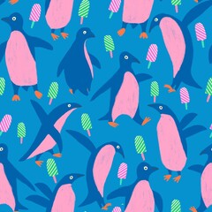 Obraz premium Cute penguins and ice cream seamless pattern. Funny birds on blue background. 