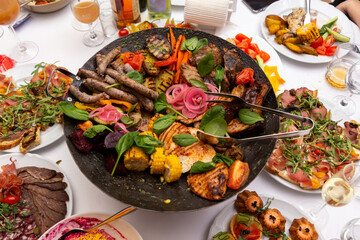 Assorted meat and vegetables, fried in a wok