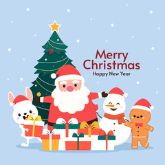 Fototapeta na wymiar Cartoon Christmas illustrations isolated on pastel. Funny happy Santa Claus character with gift, bag with presents, waving and greeting. For Christmas cards, banners.