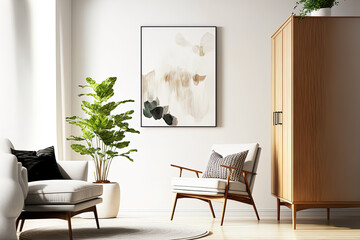 Fototapeta premium Elegant personal items and a wooden armchair and coffee table are included in this living room's stylish interior design. White wall with copy space. Template. Generative AI