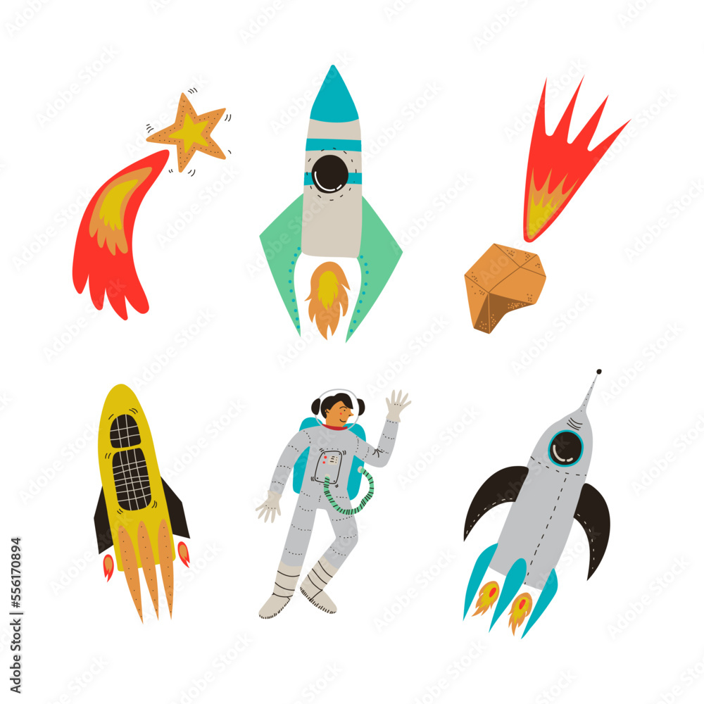Poster cosmos and universe exploration with astronaut, comet and rocket or space shuttle vector set
