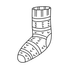 Sock with hearts pattern in hand drawn doodle style. Vector illustration for children coloring book.