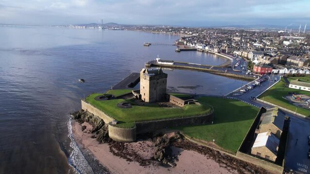 Brotie Castle on the banks of the River Tay at Brotie Ferry, Dundee, Scotland.  View from above