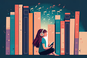 Girl listening to music online while sitting next to a stack of books. E book, online education, and online reading concepts. Cute banner, flyer, or advertisement artwork for World Book Day - obrazy, fototapety, plakaty