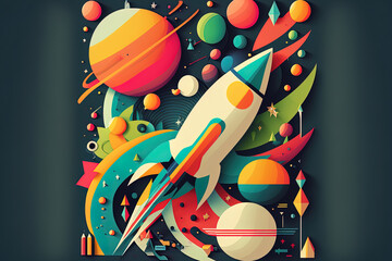 composition of a colorful space rocket in flat design. Generative AI