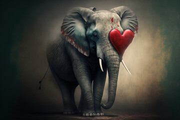 young elephant with a crimson heart in its trunk. Generative AI