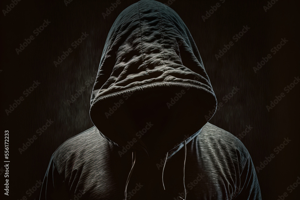 Poster hacker without face in a hood on dark. generative ai