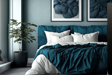 On a blue bed are white pillows, a duvet, and a duvet cover. On top of a blue sofa is a white bed. Bedroom mock up on the wall with a bed, bedding, and poster frame. looking left. Generative AI