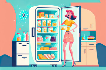 A happy young woman puts the food bag into the refrigerator. Pretty smiling housewife loading the refrigerator with food. Generative AI