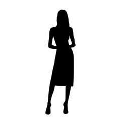 Fototapeta premium Vector silhouette of a young attractive slender woman in a summer dress, standing, black color, isolated on a white background