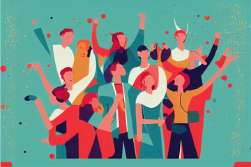 a lot of happy people. People rejoice and wave their hands.