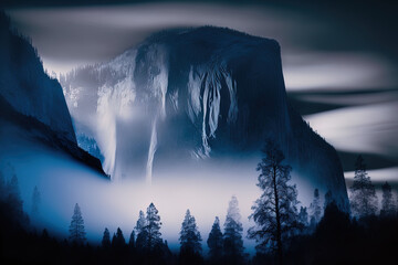 Yosemite's wedding veil silhouette is seen falling before dawn. Generative AI