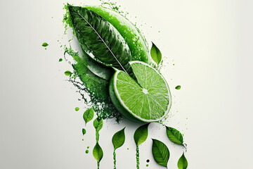 sliced, green leaf and a natural, fresh lime with drips of water on a white backdrop. Generative AI