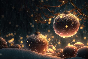 Christmas banners decorations baubles balls decorations lights background. Generative AI.