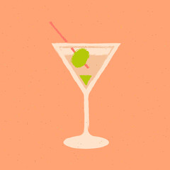Martini with olive in glass. Alcoholic drink with tonic. Vector flat image with texture