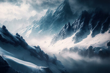 high steep mountains in selective focus, coated with snow and fog. Generative AI