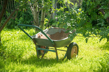 an old garden cart stands against the background of a meadow and trees in a country house. natural light