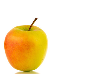 One green sweet apple, macro, isolated on white background.