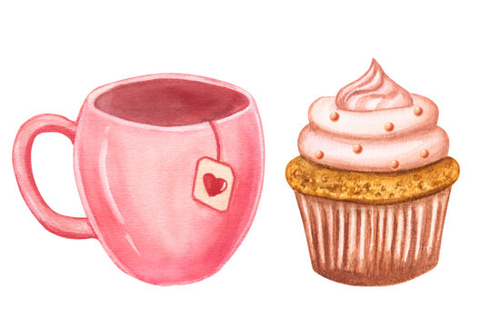 Set of cupcake and pink mug with heart. Hand-drawn watercolor illustration isolated on white background. Valentine's day, love