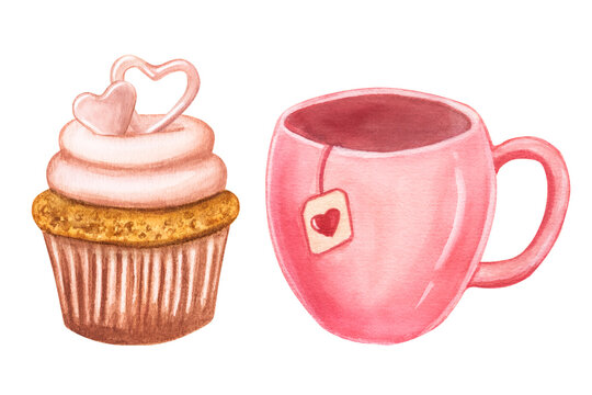 Set of cupcake and pink mug with heart. Hand-drawn watercolor illustration isolated on white background. Valentine's day, love.