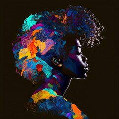 Modern side portrait of a Black/African woman with natural afro hair, colorful silhouette