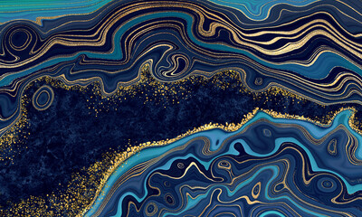 abstract background, blue gold texture of marble and agate with golden veins, decorative marbling,...