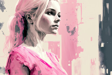blonde in pink dress posing and looks away at the front view. Generative AI