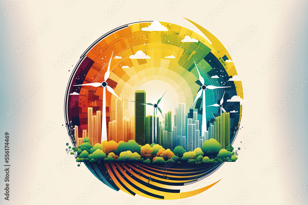 Poster logo for the circular economy with city buildings in the backdrop and wind turbines and solar panels