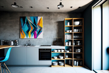 a contemporary kitchen's interior with shelves. Generative AI