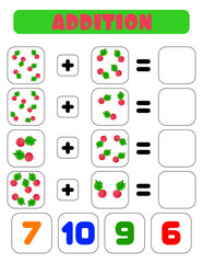 Addition of radishes. A task for children. Educational development sheet. Color activity page. A game for children