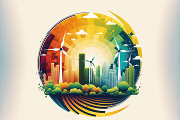 Logo for the circular economy with city buildings in the backdrop and wind turbines and solar panels. The objective of a sustainable approach is to reduce waste and pollution while using renewable and