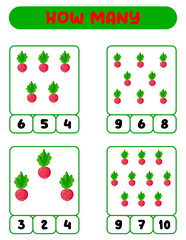 Count how many radishes. Write down the answer. Educational games for kids.