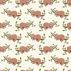 Vector hand drawn cute cartoon sloth on a tree branch smelling the coffee. Seamless pattern