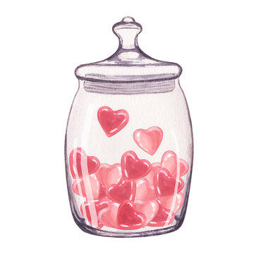 Transparent glass jar with pink and red glossy heart inside. Hand-drawn watercolor illustration isolated on white background. Valentine's day