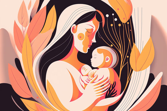 Card wishing you a happy mother's day. Mother holding her infant son in her arms in a illustration. Generative AI