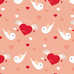 Valentine's Day pattern with cute heart and birds. Cute vector illustration in flat style.