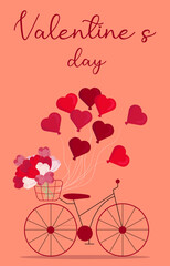 Valentine's Day greeting card with bicycle, balloons and flowers. Cute vector illustration in flat style with letters