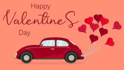 Valentine's Day greeting card with car and balloons. Cute vector illustration in flat style.