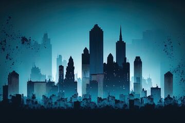 urban metropolis design for backdrop, flat drawing of a blue city building silhouette. Generative AI