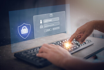 Network security technology, Man's hand touches computer keyboard for login, internet access, identity security and encryption, secure access to user's personal information, internet network.