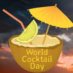 World cocktail day text banner and coconut cocktail icon against clouds in the sky