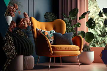 Stylish armchair in room with cushions, table, and houseplants. Generative AI