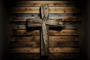 wood backdrop with a wooden cross. Generative AI