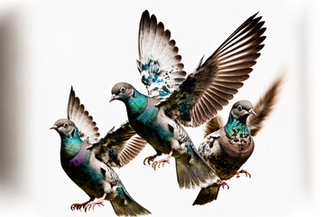 Pigeons in flight, isolated on white, clipped trail. Generative AI