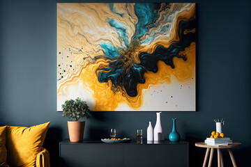 Abstract backdrop with dancing ocher yellow and liquid fluid art acrylic painting depicting an ocean burst of color and space. Generative AI