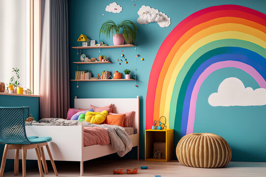Cute interior of a child's room with a gorgeous rainbow painted on the wall. Generative AI