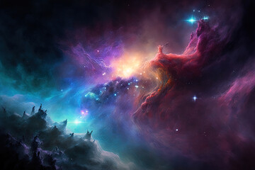 Obraz na płótnie Canvas Deep space contains brilliant stars and nebulae with atmospheric colors. Generative AI