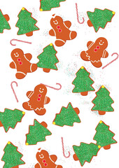seamless Christmas pattern with gingerbread, tree cookies, and candy cane