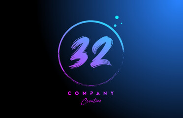 32 grunge number letter logo icon design with dots and circle. Blue pink gradient creative template for company and business