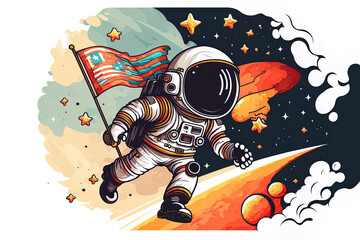 Cartoon symbol of an astronaut carrying a flag in outer space. Isolated space technology icon. Generative AI